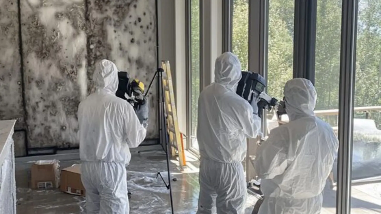 Three mold remediation workers in white protective suits inside a room with mold on the wall