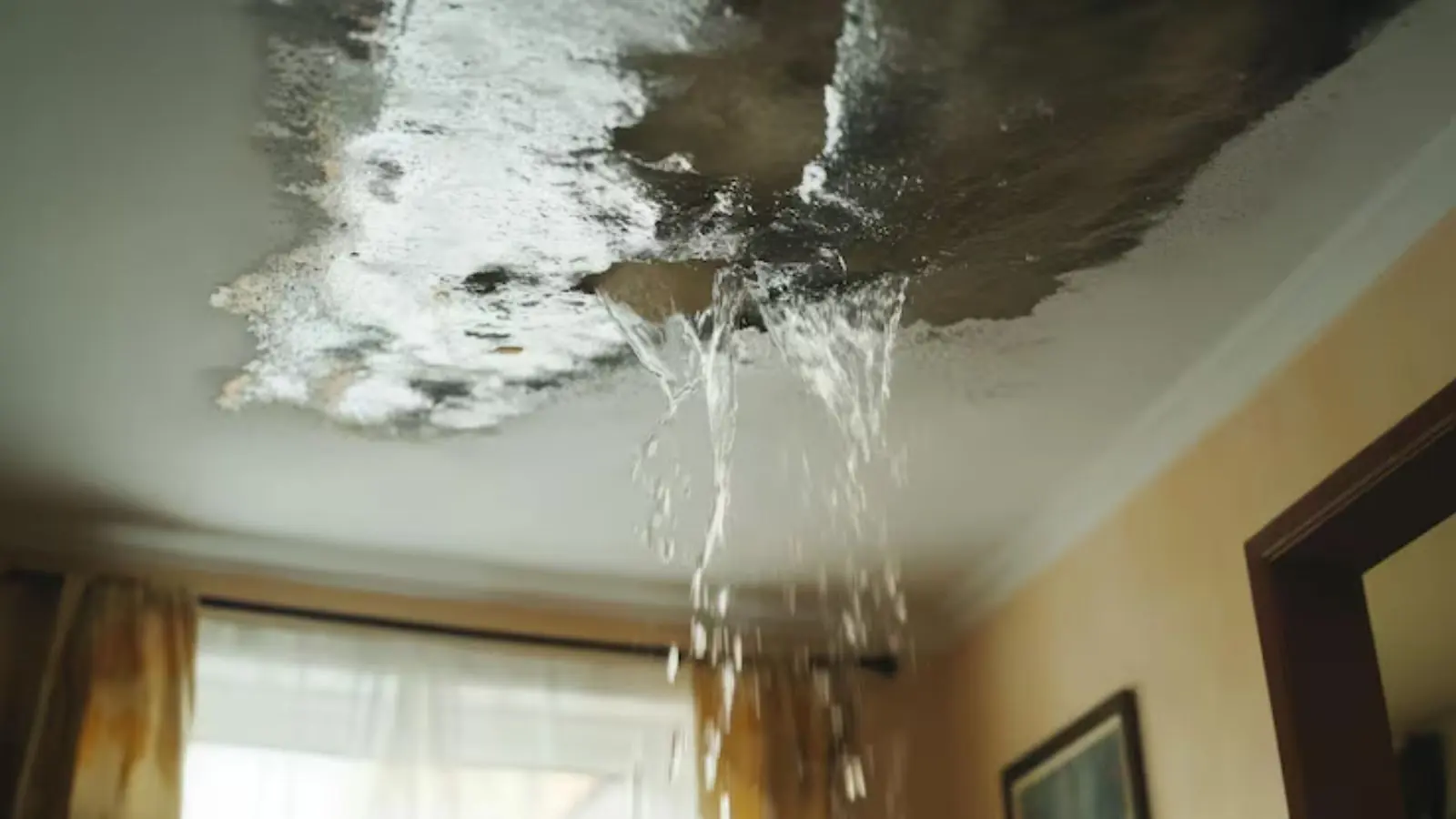 Water pouring through a damaged ceiling into a room